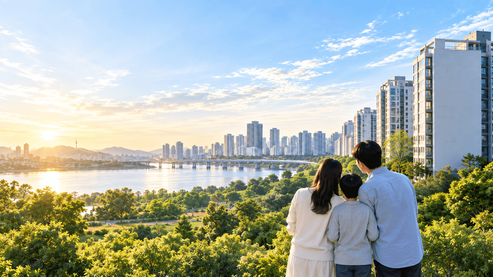 도시의 아파트와 한강을 바라보는 가족